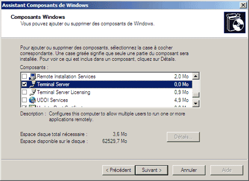 Installer le composant Terminal Services sur l'ordinateur distant (Hôte)