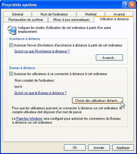 Définir la configuration de l'ordinateur distant  (hôte) sous Windows XP