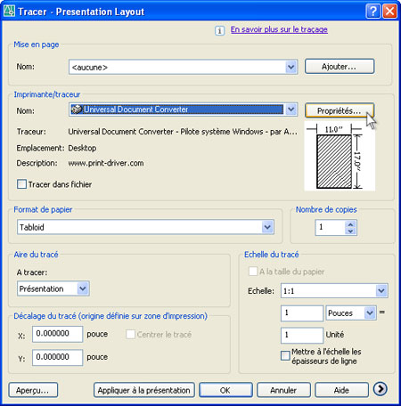 Sur la liste des imprimantes, sélectionnez Universal Document Converter puis cliquez sur le bouton Propriétés.