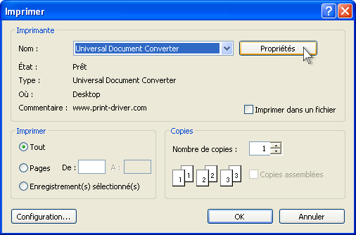 Sur la liste des imprimantes, sélectionnez Universal Document Converter puis cliquez sur le bouton Propriétés.