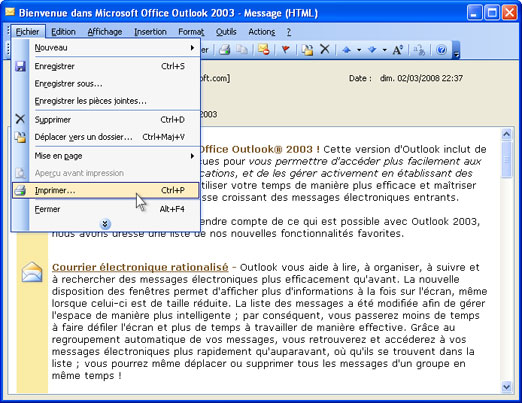 Cliquez deux fois sur le courrier électronique qui se trouve dans la corbeille d'arrivée d'Outlook puis cliquez sur Fichier-Imprimer... du menu principal de l'application.