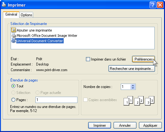 Sur la liste des imprimantes, sélectionnez Universal Document Converter puis cliquez sur le bouton Préférences.