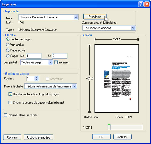 Sur la liste des imprimantes, sélectionnez Universal Document Converter puis cliquez sur le bouton Propriétés.