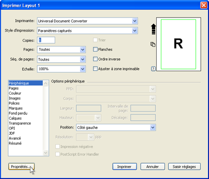 Sur la liste des imprimantes, sélectionnez Universal Document Converter puis cliquez sur le bouton Propriétés.