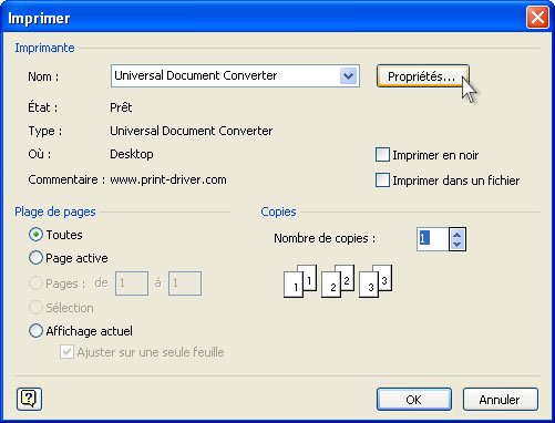 Sur la liste des imprimantes, sélectionnez Universal Document Converter puis cliquez sur le bouton Propriétés.
