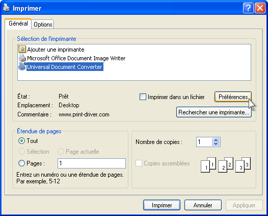 Sur la liste des imprimantes, sélectionnez Universal Document Converter puis cliquez sur le bouton Préférences.