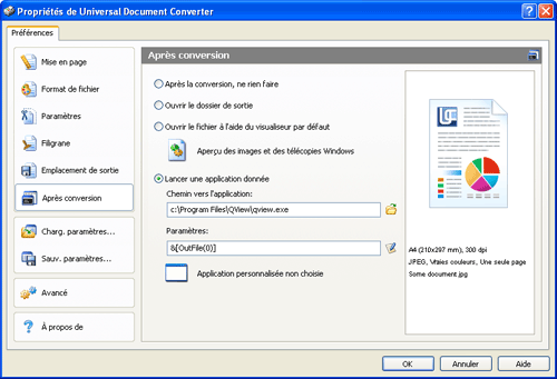 Paramétrer Universal Document Converter pour ouvrir chaque fichier de sortie à l'aide d'une autre application.