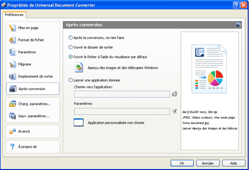 Paramétrer Universal Document Converter pour ouvrir chaque fichier de sortie à l'aide du visualiseur associé, par défaut, au format du fichier concerné.